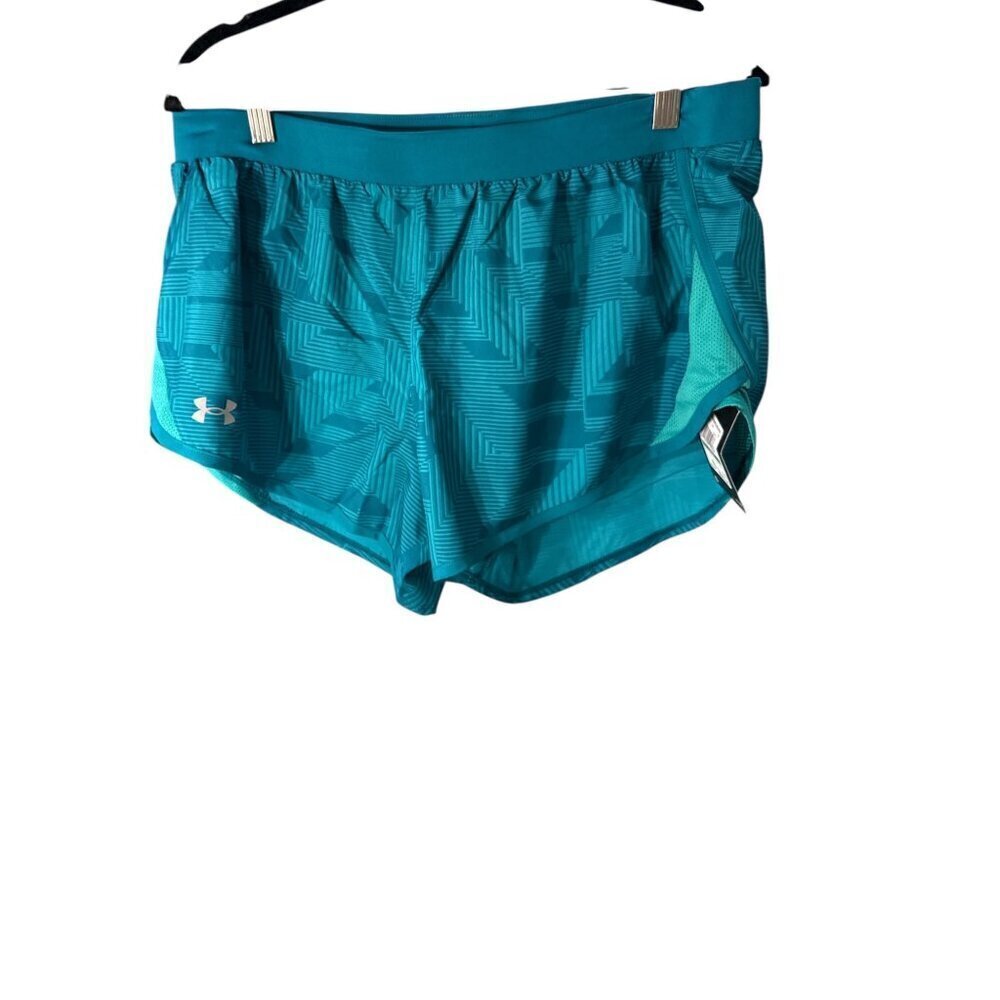 Under Armour Womens UA Fly By 2.0 Printed Shorts Teal Blue L Loose Fit NWT